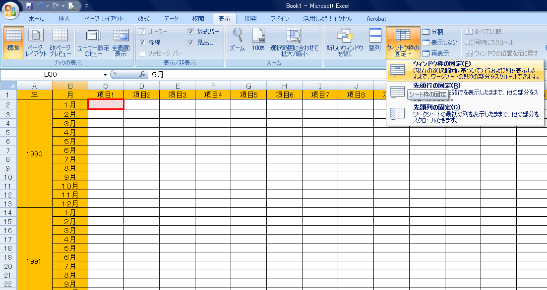 ウィンドウ枠の固定１