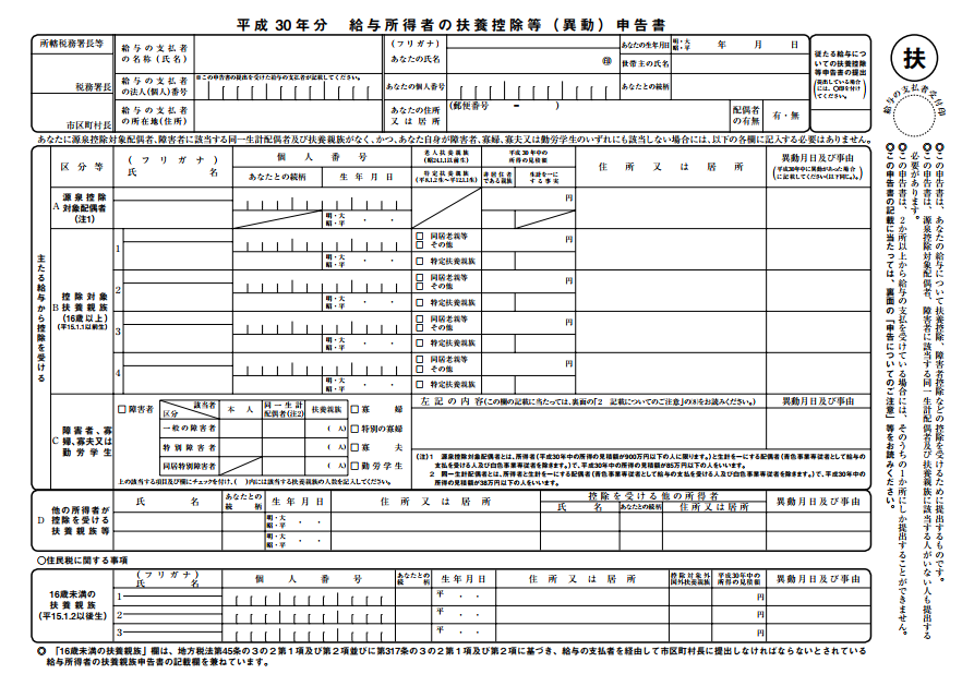 平成30年分 給与所得者の保険料控除及び配偶者特別控除の申告書