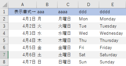 Excelで曜日表示